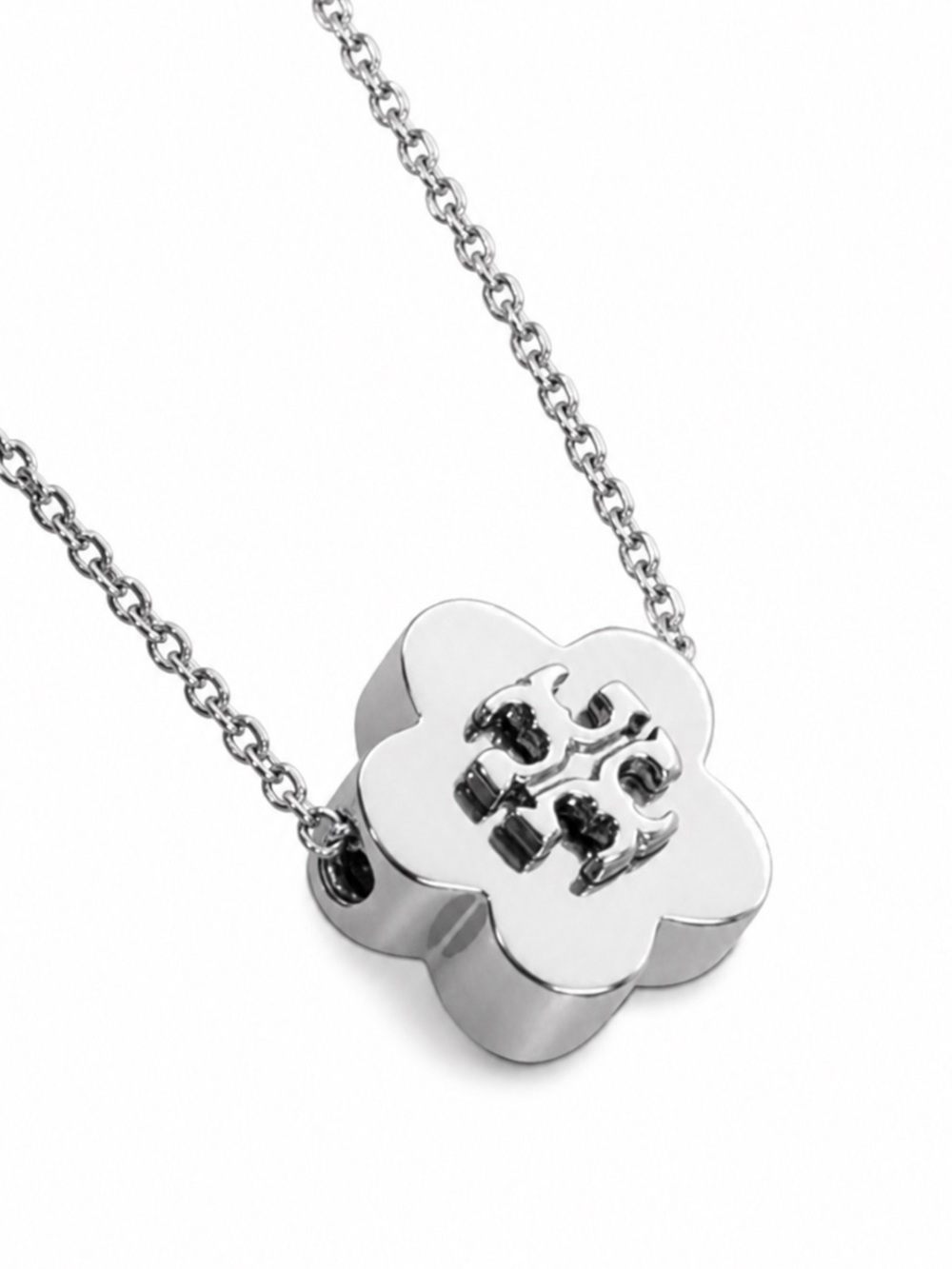 Tory Burch Kira Flower Pendant Necklace Silver Tone Adjustable Chain